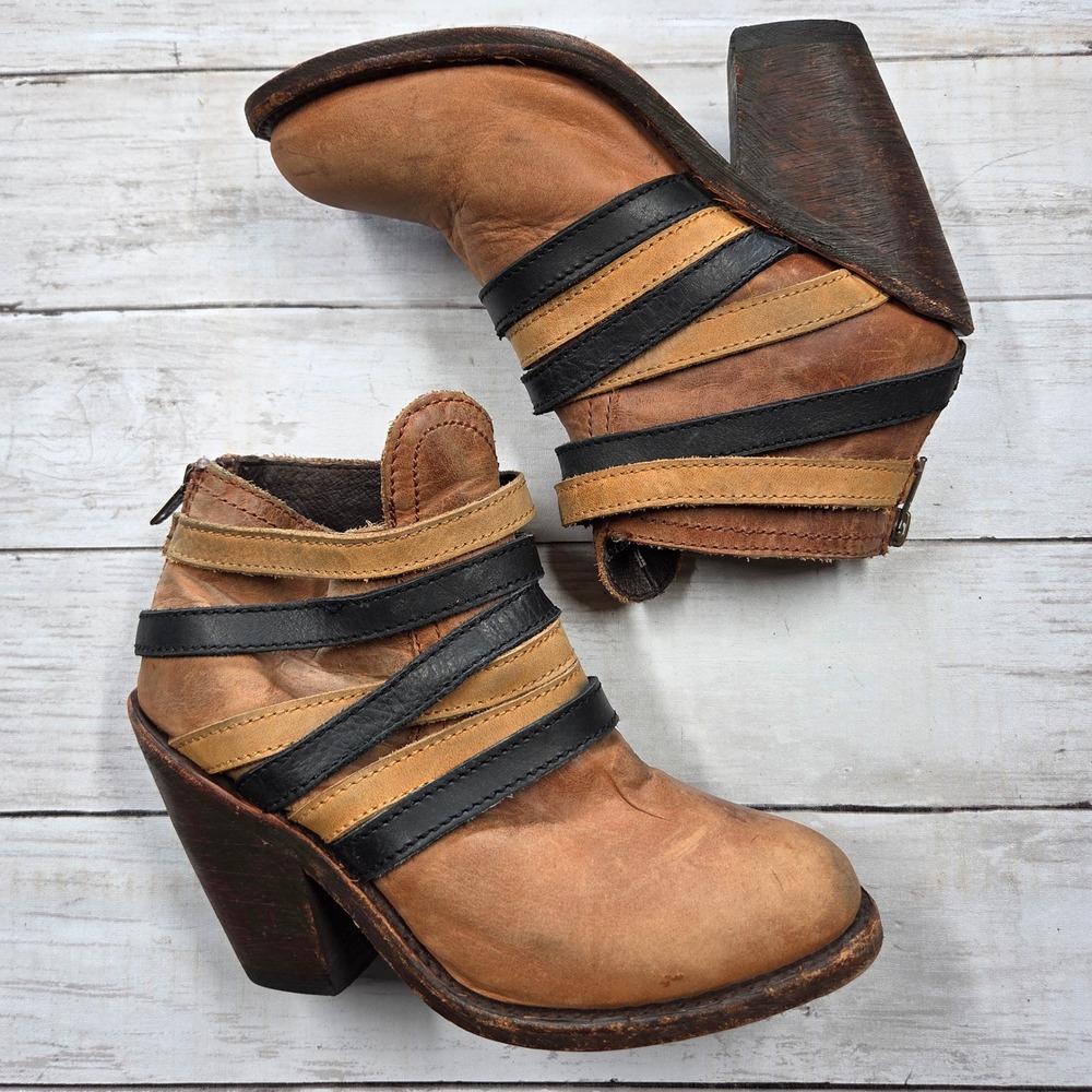Independent Boot Company Leather Wrap Ankle Boots Women 6 Tan Black Western Heel